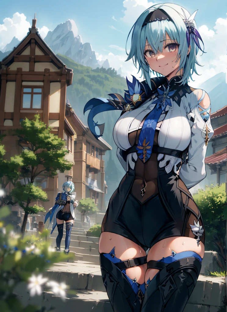 euladef, upper body, , outdoors, day, simple background, blue sky, short hair, sky, temple, looking at viewer, stairs, mountain, moody lighting,cowboy shot,open legs,thigh gap,(huge breasts),arms behind back,sweating,smile