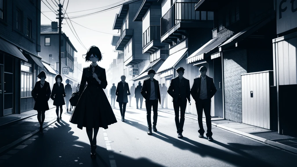 A young woman with a determined expression, dressed in modern and elegant clothes, walking through a busy city. In the background, the silhouette of an old house with shadows of family members looking enviously. The city should be illuminated with bright lights, highlighting the contrast between her dark past and her successful present.