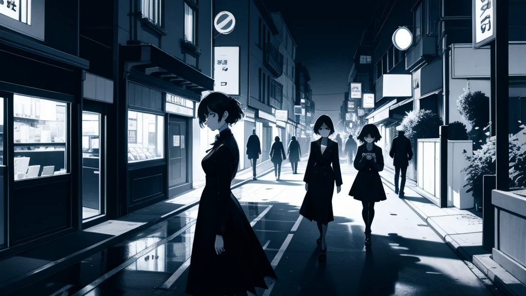 A young woman with a determined expression, dressed in modern and elegant clothes, walking through a busy city. In the background, the silhouette of an old house with shadows of family members looking enviously. The city should be illuminated with bright lights, highlighting the contrast between her dark past and her successful present.