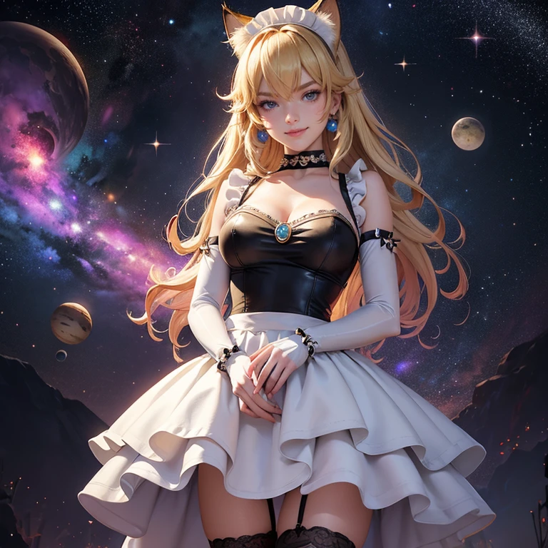 Bowsette, long hair, horns, 1girl, white maid dress, jewelry, blonde hair, flowing hair, long hair, maid dress with a short skirt and layers, black laces, white boots, black dress with transparency, gold details on her clothes, cat ears, animal ears,  more details, perfectly body, perfectly hands, two hands, two legs, two arms, five fingers, glowing hair, best quality, cat ears, animal ears, black gloves, cat tail, alone, maid headdress, choker, detached sleeves, maid dress, maid black dress, strapless, masterpeice, best quality, detailed face, night, asymmetrical gloves, bangs, black short skirt , earrings, elbow gloves, fishnet thighhighs, fishmasterpeice, solo, best quality, detailed face, hair between eyes, jewelry, looking at viewer, single earring, sky, sleeveless, solo, thigh boots, thighhighs, tongue, tongue out, uneven gloves, cat ears, animal ears, cat tail, solo, alone, Looking at the viewer, magenta roses on her hair, space scenery, maid, maid dress, magenta details, maid headdress, maid apron, blonde hair, long hair, seat on the Saturn rings, more details on her clothes, gold details on her clothes, space, smiling, standing her hand to a viewer, looking at the viewer, in the background a several asteroids glowing with fiery auras, Dramatic lighting from distant stars and planets illuminates the scene, looking at the vast and mysterious universe, cowboy shot, upper body portrait, more details, sparkle,