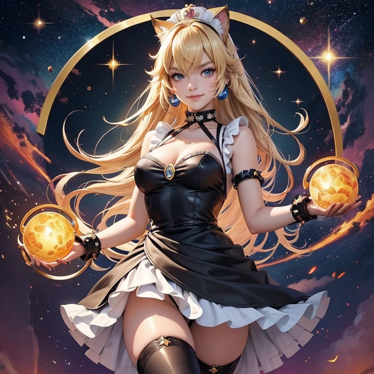 Bowsette, long hair, horns, 1girl, white maid dress, jewelry, blonde hair, flowing hair, long hair, maid dress with a short skirt and layers, black laces, white boots, black dress with transparency, gold details on her clothes, cat ears, animal ears,  more details, perfectly body, perfectly hands, two hands, two legs, two arms, five fingers, glowing hair, best quality, cat ears, animal ears, black gloves, cat tail, alone, maid headdress, choker, detached sleeves, maid dress, maid black dress, strapless, masterpeice, best quality, detailed face, night, asymmetrical gloves, bangs, black short skirt , earrings, elbow gloves, fishnet thighhighs, fishmasterpeice, solo, best quality, detailed face, hair between eyes, jewelry, looking at viewer, single earring, sky, sleeveless, solo, thigh boots, thighhighs, tongue, tongue out, uneven gloves, cat ears, animal ears, cat tail, solo, alone, Looking at the viewer, magenta roses on her hair, space scenery, maid, maid dress, magenta details, maid headdress, maid apron, blonde hair, long hair, seat on the Saturn rings, more details on her clothes, gold details on her clothes, space, smiling, standing her hand to a viewer, looking at the viewer, in the background a several asteroids glowing with fiery auras, Dramatic lighting from distant stars and planets illuminates the scene, looking at the vast and mysterious universe, cowboy shot, upper body portrait, more details, sparkle,