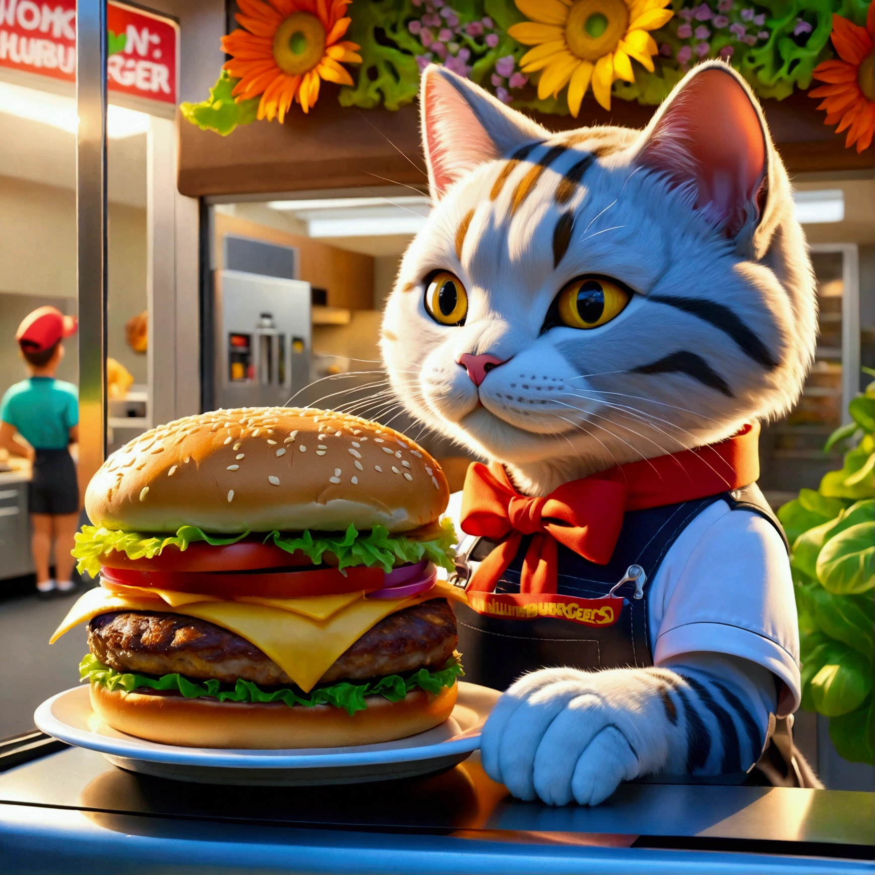 (Close-up of anthropomorphic cat puts hamburger inside ornate package:1.3) in (dynamic pose:1.0), (stylish branded shirt:1.1), (worker cap:1.2), (colorful apron:1.1), modern kitchen with refrigerator and cooking station, intricate design, bright colors, masterpiece in maximum 16K resolution, best quality, ultra detailed, aesthetics, absurdes.