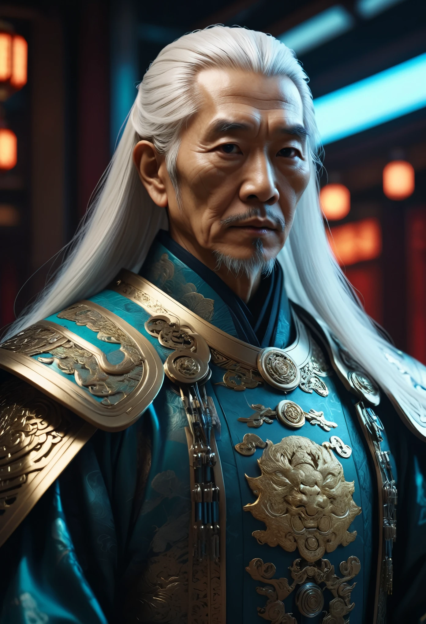 a cyberpunk elderly asian man with long white hair, intricate ancient chinese clothing, highly detailed mechanical suit, hyperrealistic, masterpiece, 8k, octane render, cinematic lighting, dramatic pose, chiaroscuro, moody color palette