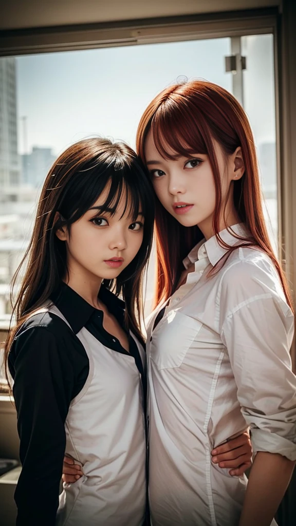 (Natural strawberry blonde and redhead girls with pretty faces), Cute pose, wearing a button shirt, body, skinny, Atmospheric, Dark atmosphere, Edge lighting, Sayaka Yamamoto, Saito Asuka, Mao Akiyama's facial features, 8K, Full body portrait, Elegant outfit, Natural light, Spooky greenhouse at night, Sharp focus, (Highly detailed eyes and face, Professional photography techniques), (Beautiful small face, beautiful girl, high , Idol Face, Baby Face:1.4)Happy, K UHD, Hmph, Beautiful and soft skin, Vibrant Skin, blush, (Chirarizum:1.3, Unbutton your shirt:1.2), (Beautiful breasts, Cleavage), (Small beautiful butt), (Detailed hands:1.1, The optimal ratio is four fingers to one thumb), Perfect proportions, (Perfect Anatomy:1.3), (Highest quality, Masterpiece, Highest quality, Ultra high definition, Photorealism:1.4), ((Touching each other's breasts))