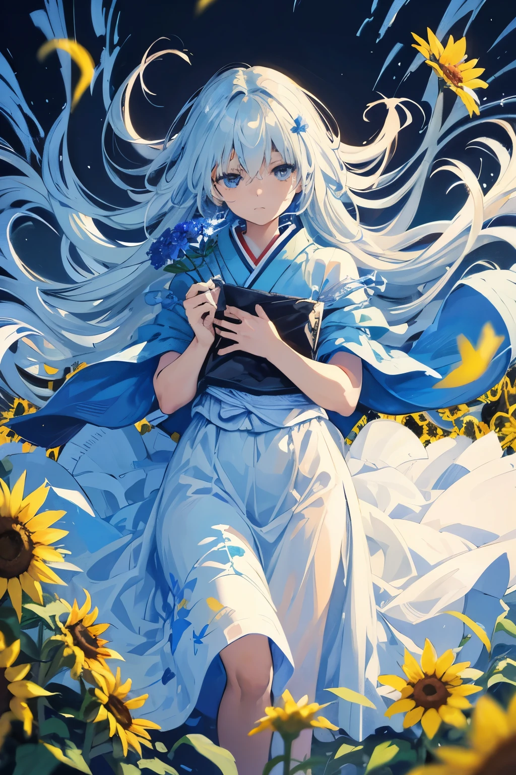 Fictional character composition, Wearing young blue flowers, Surrounded by sunflowers, main character, Open your eyes, His hair was blown by the wind, And the sun heals, Close-up monochrome painting, cute, dream-like, Oil painting style, Acrylic paint,, Japanese, An interesting concept, Funny picture - ar 3:4 - 20 - more than 5  