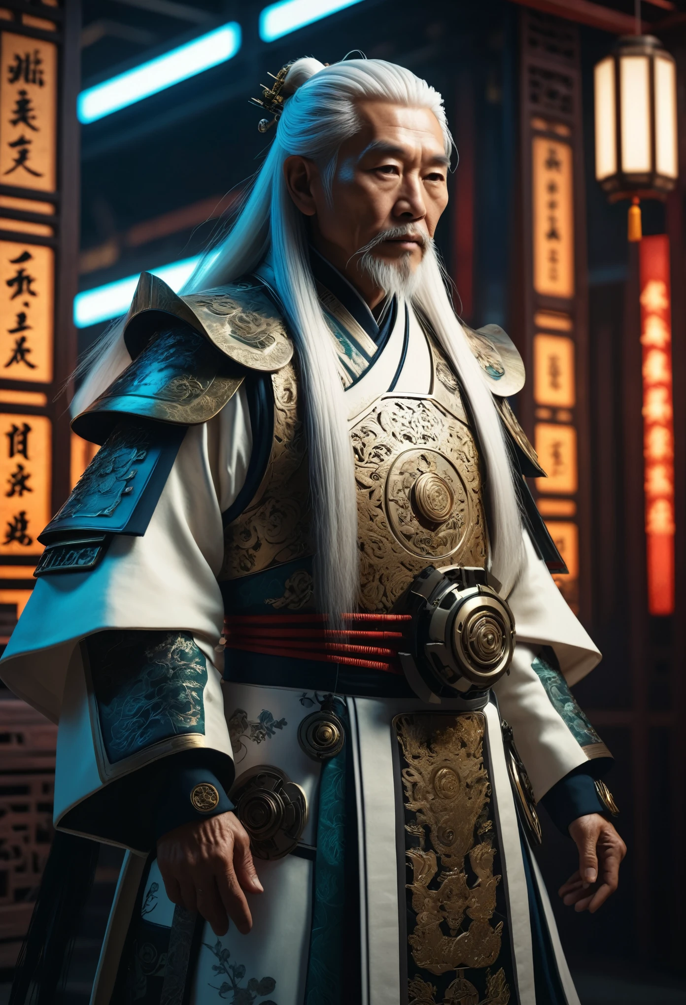 a cyberpunk elderly asian man with long white hair, intricate ancient chinese clothing, highly detailed mechanical suit, hyperrealistic, masterpiece, 8k, octane render, cinematic lighting, dramatic pose, chiaroscuro, moody color palette