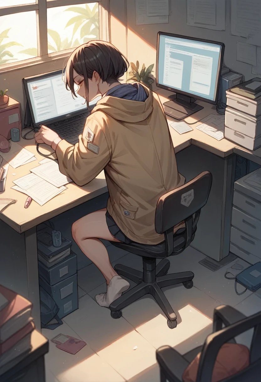 There is a doggy, headphone, with coat, sitting on chair, a PC, office, cozy, there is a beach outside