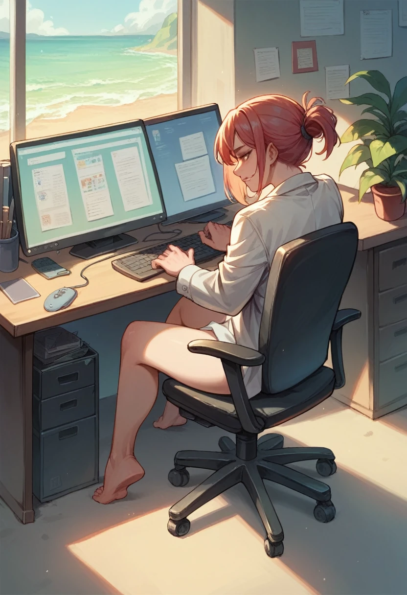There is a doggy, headphone, with coat, sitting on chair, a PC, office, cozy, there is a beach outside