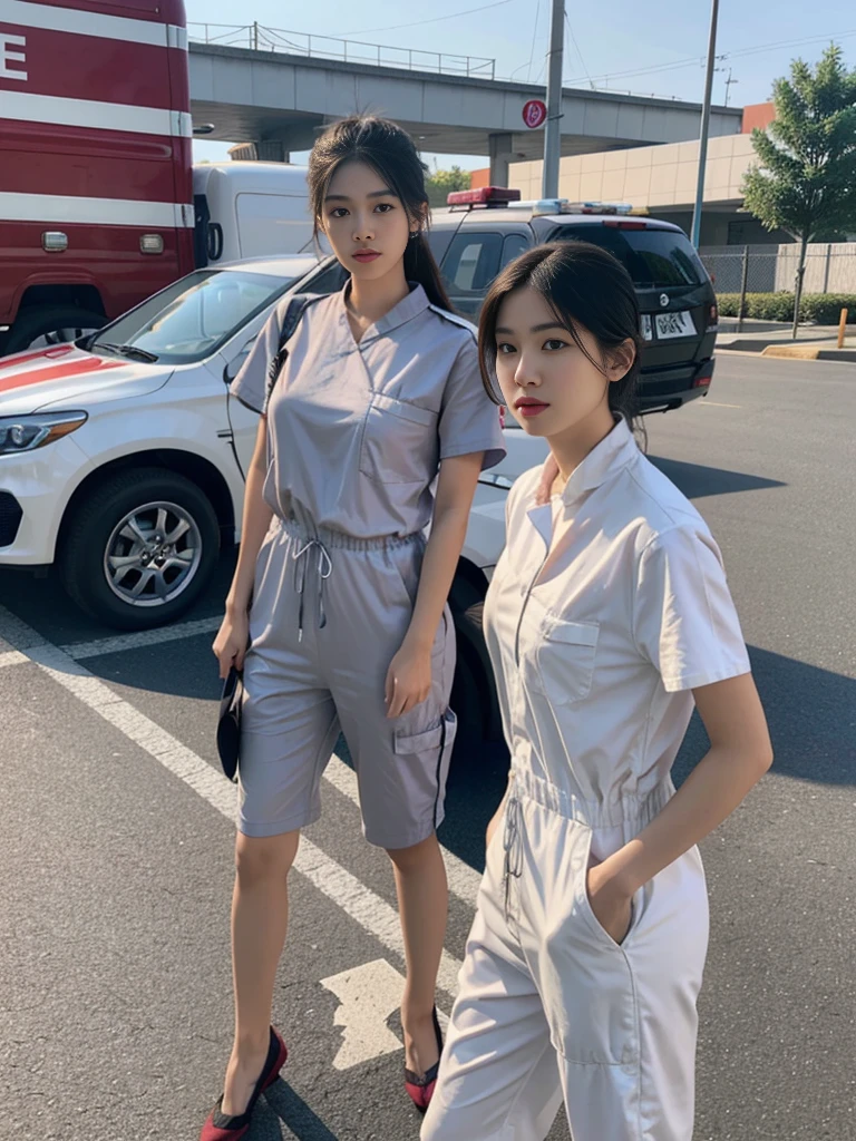 Super high quality realistic photo of young Asian beauty, first responder, wearing white short-sleeved jumpsuit with ambulance in the background.