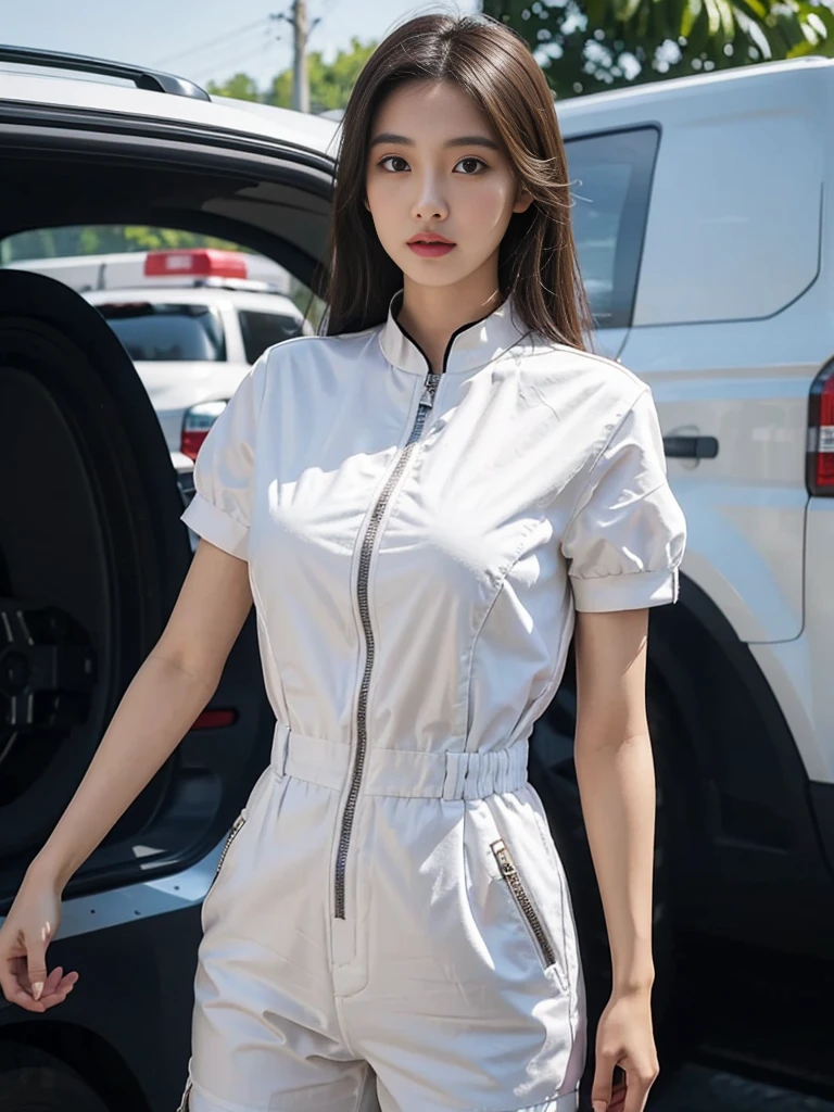 Super high quality realistic photo of young Asian beauty, first responder, wearing white short-sleeved jumpsuit with ambulance in the background.