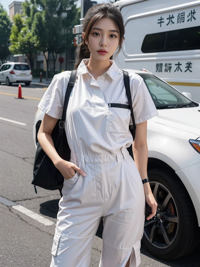 Super high quality realistic photo of young Asian beauty, first responder, wearing white short-sleeved jumpsuit with ambulance in the background.