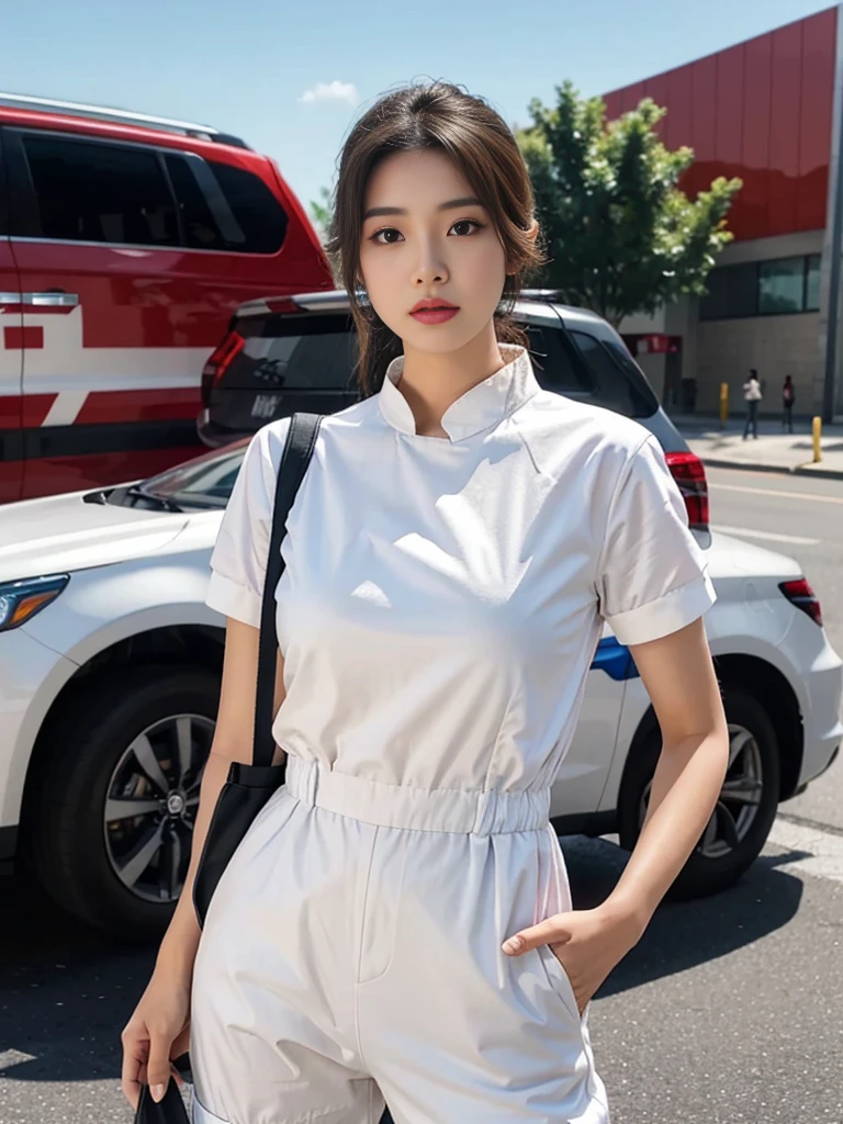 Super high quality realistic photo of young Asian beauty, first responder, wearing white short-sleeved jumpsuit with ambulance in the background.
