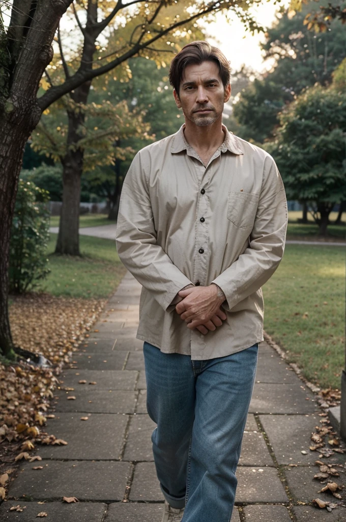 Create a detailed image of an elderly man walking through a park in autumn at sunset, conveying a deep sense of sadness. His skin is thin and slightly translucent, showing a network of veins underneath, with a pale complexion and a hint of rosy blush on his cheeks. His face is marked with deep wrinkles, reflecting a life full of experiences. His eyes are slightly sunken but still sparkle with a hint of wisdom, though now clouded by sorrow. They are a faded blue, like a winter sky, surrounded by a web of fine lines that deepen when he frowns. His eyelids droop slightly, adding to his somber expression.

His nose is prominent with a slight widening at the tip and visible pores. Beneath, his thin, chapped lips are downturned, revealing yellowed, worn but strong teeth when his mouth is slightly open. His cheeks are slightly hollow with pronounced cheekbones giving structure to his face. His chin is firm and square, with a slight occasional tremor indicating his advanced age.

His hair, once thick and dark, is now sparse and completely white, almost silver, with strands falling softly over his forehead and behind his ears. A short, well-kept beard, also white, frames his jaw, adding a sense of dignity to his melancholic appearance. His ears are somewhat large with elongated lobes, showing signs of age with small spots and additional wrinkles.

He is dressed in simple, worn clothing: a faded button-up shirt, loose trousers, and old, sturdy shoes. His posture is slightly hunched, shoulders drooping under the weight of unseen burdens. His hands, gnarled and veined, grip a wooden cane as he walks slowly through the park.

The park is bathed in the golden hues of the setting sun, with long shadows stretching across the ground. Fallen leaves, in shades of red, orange, and yellow, cover the path. The trees, mostly bare, stand tall with the last of their leaves clinging to the branches. The scene captures the essence of autumn, with a chill in the air and a sense of quiet reflec