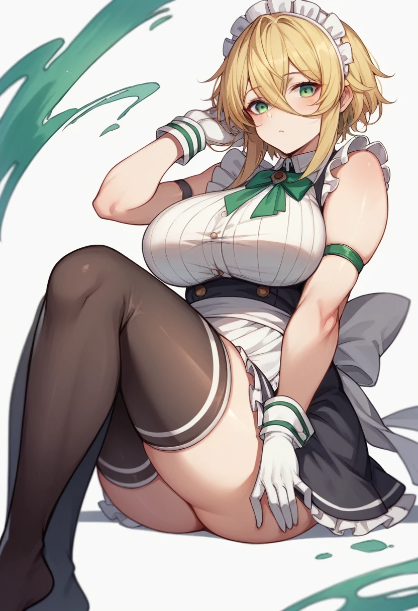 (One girl)、(shoulder length hair)、((Blonde))、（Sato Air）、boyish、(Big super breasts)、[Chubby]、beautiful girl、green eye、Maid clothes、No sleeve、mini skirt、White sleeveless、((hairs between eyes))、((thigh-high socks thighhighs))、(long gloves)、say、White Background、flipped hair