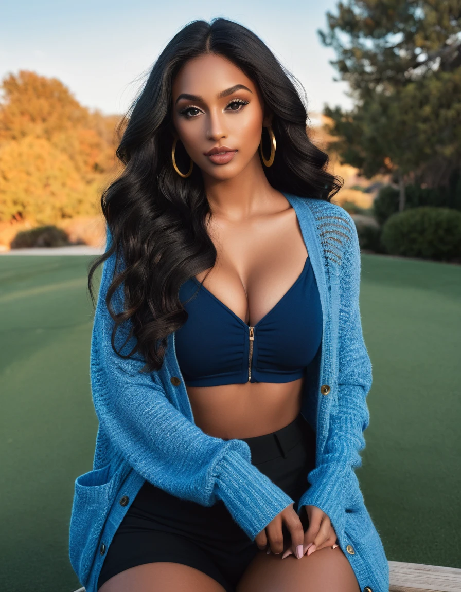(best quality,4k,highres, highres face details), black long wavy hair, wearing a blue cardigan, 18 years old, instagram model, 36DD breast, pretty face, dark makeup, fake lashes, natural lips, dark skin, she is skinny, athletic body, she is caucasian, golden hour, huge breast 36DD, posing, sexy, sensual vibes, whole body image, from head to toes