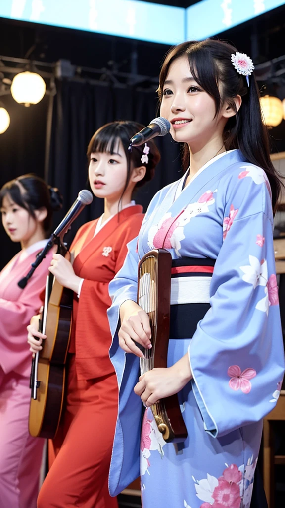 beautiful japanese a woman 、Two Girls、with playing the shamisen, kimono, singer、Singing twins、two japanese girls、On stage、