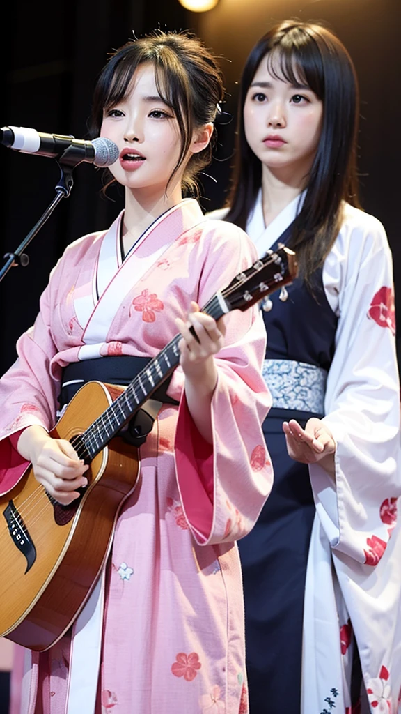 beautiful japanese a woman 、Two Girls、with playing the shamisen, kimono, singer、Singing twins、two japanese girls、On stage、