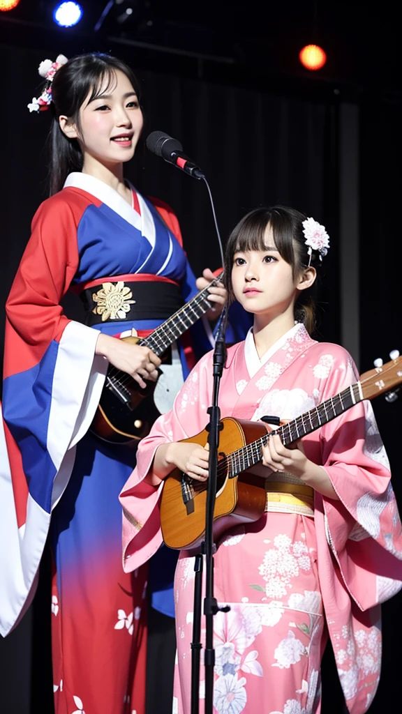 beautiful japanese a woman 、Two Girls、with playing the shamisen, kimono, singer、Singing twins、two japanese girls、On stage、