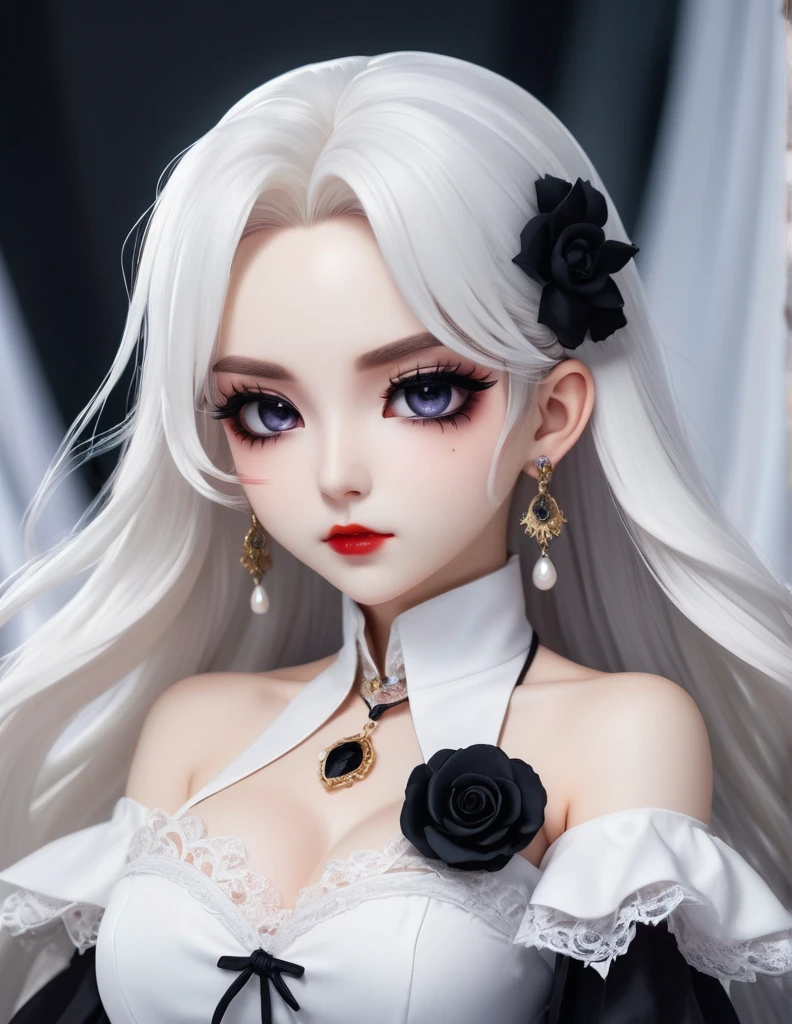 quality(8k wallpaper of extremely detailed CG unit, ​masterpiece, hight resolution, top-quality, top-quality real texture skin,hyper realisitic, digitial painting,increase the resolution,RAW photos，best qualtiy,highly detailed,the wallpaper),BREAK,8K, anime,  white long hair , white skin , white  dress , full face, close up shot,  frontal shot,  earrings, piercings, covered whit eyepatch, white background, Chibi, black makeup, Dracula 