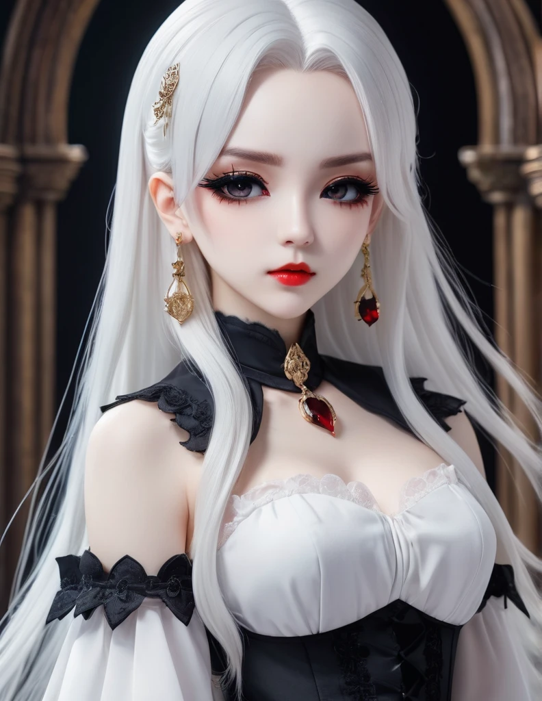 quality(8k wallpaper of extremely detailed CG unit, masterpiece, hight resolution, top-quality, top-quality real texture skin,hyper realisitic, digitial painting,increase the resolution,RAW photos,best qualtiy,highly detailed,the wallpaper),BREAK,8K, anime, white long hair , white skin , white dress , full face, close up shot, frontal shot, earrings, piercings, covered whit eyepatch, white background, Chibi, black makeup, Dracula
