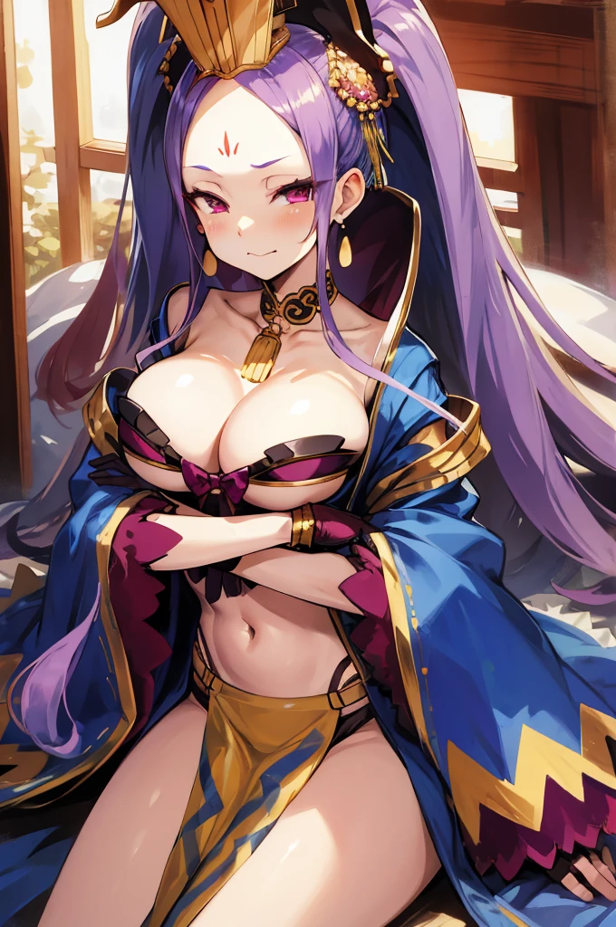 masterpiece, best quality, highres, wz1, twintails, large breasts, forehead mark, pelvic curtain, bow bra, gloves, jewelry, navel, chinese clothes, earrings, crown, wide sleeves, long sleeves, shawl, cowboy shot, crossed arms, frown, sitting,