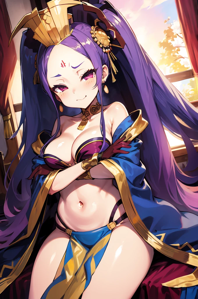 masterpiece, best quality, highres, wz1, twintails, large breasts, forehead mark, pelvic curtain, bow bra, gloves, jewelry, navel, chinese clothes, earrings, crown, wide sleeves, long sleeves, shawl, cowboy shot, crossed arms, frown, sitting,