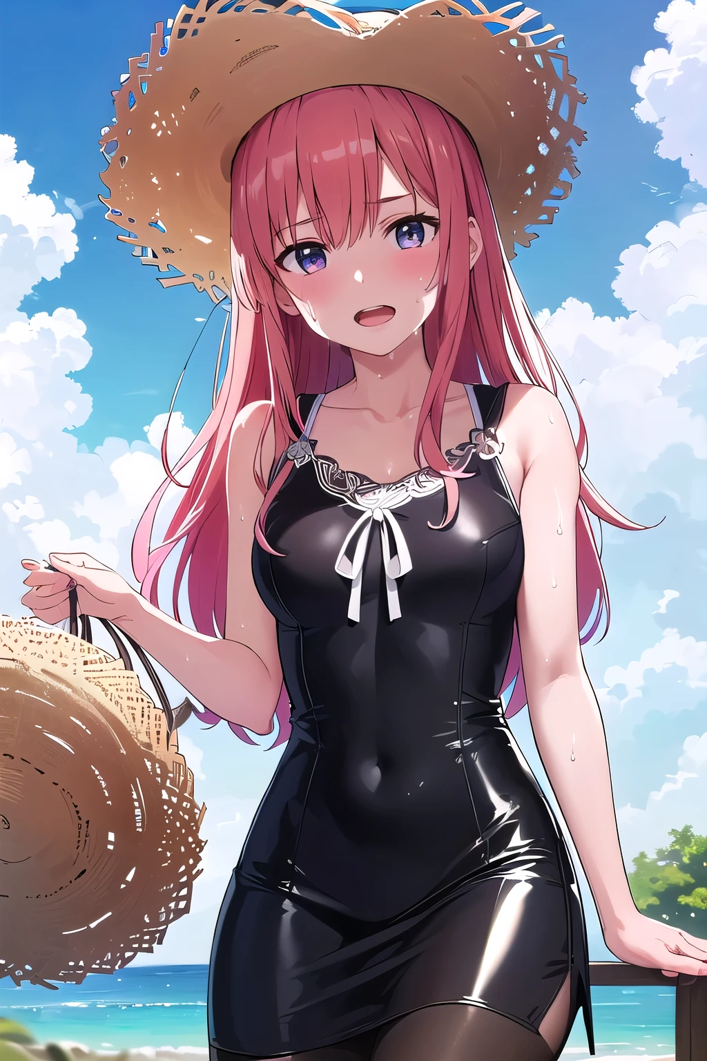 (8K, top-quality, masterpiece:1.2), (reallistic, Photorealsitic:1.37), Super Detail, One girl,), (Highly detailed), (beautifully detailed eyes), (of the highest quality), (super detailed ), (masterpiece), (Detailed face),20yr old, ,1 girl, ((pink hair,long hair)), medium breasts, clothed, Perfect Lighting, BREAK, (black glossy tight dress:1.5), (long skirt:1.3), (embroidered hem:1.2), (Black high-gloss tights: 1.3), (white sandals:1.2), (straw hat:1.5), (white ribbon:1.3), (summer:1.4), (lightweight fabric:1.2), BRAKE, (upper body to thighs:1.2), (long pink hair:1.3), (gentle smile:1.2), (face slightly up:1.2), (holding a straw hat:1.2), (summer sky with cumulus clouds:1.4), (backlit:1.2), BRAKE (sweat:1.5), (steam:1.2), (girl trembling with sexual climax:1.1), (looking at viewer:1.3), (open mouth:1.2),