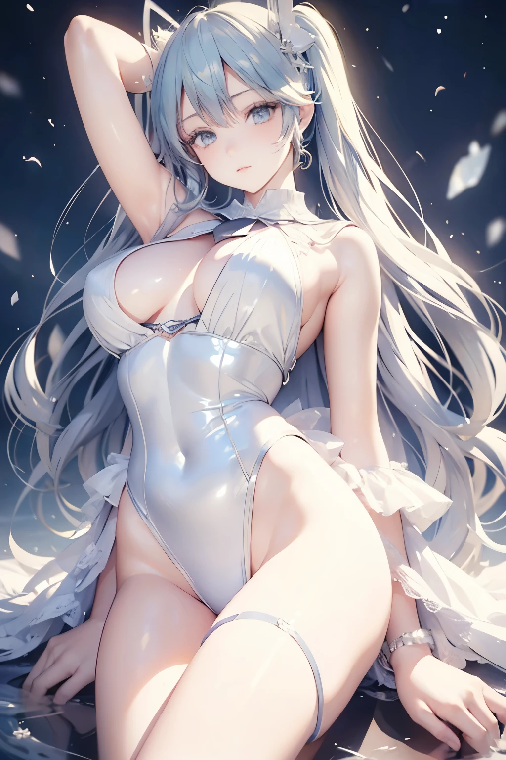 Beautiful and fair、Radiant Skin, 3 Up, Gorgeous, bright, Refreshing and gentle expression, Perfect beautiful face、Beautiful shiny bangs, A very beautiful 17 year old girl, Eyeliner, Very perfect and beautiful lovely big clear sky blue eyes,Very large breasts,Grooves reveal original skin,Muscular body,Silver glasses,White lace underwear,Hatsune Miku,Ryuhime