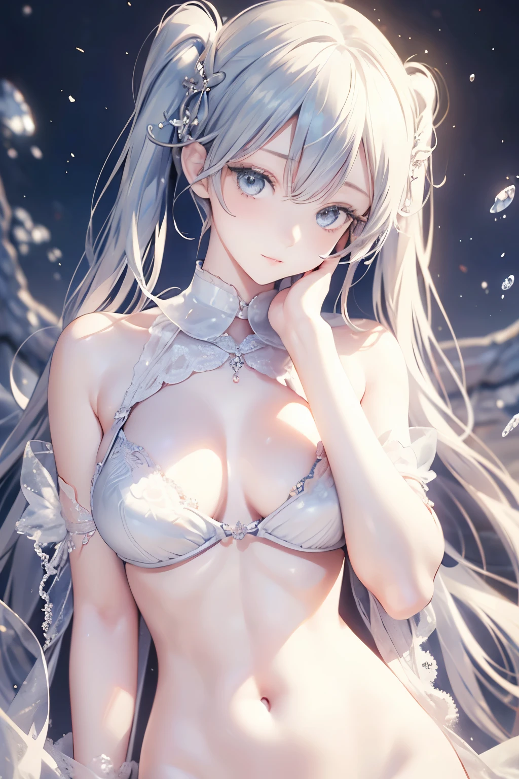 Beautiful and fair、Radiant Skin, 3 Up, Gorgeous, bright, Refreshing and gentle expression, Perfect beautiful face、Beautiful shiny bangs, A very beautiful old girl, Eyeliner, Very perfect and beautiful lovely big clear sky blue eyes,Very large breasts,Grooves reveal original skin,Muscular body,Silver glasses,White lace underwear,Hatsune Miku,Ryuhime
