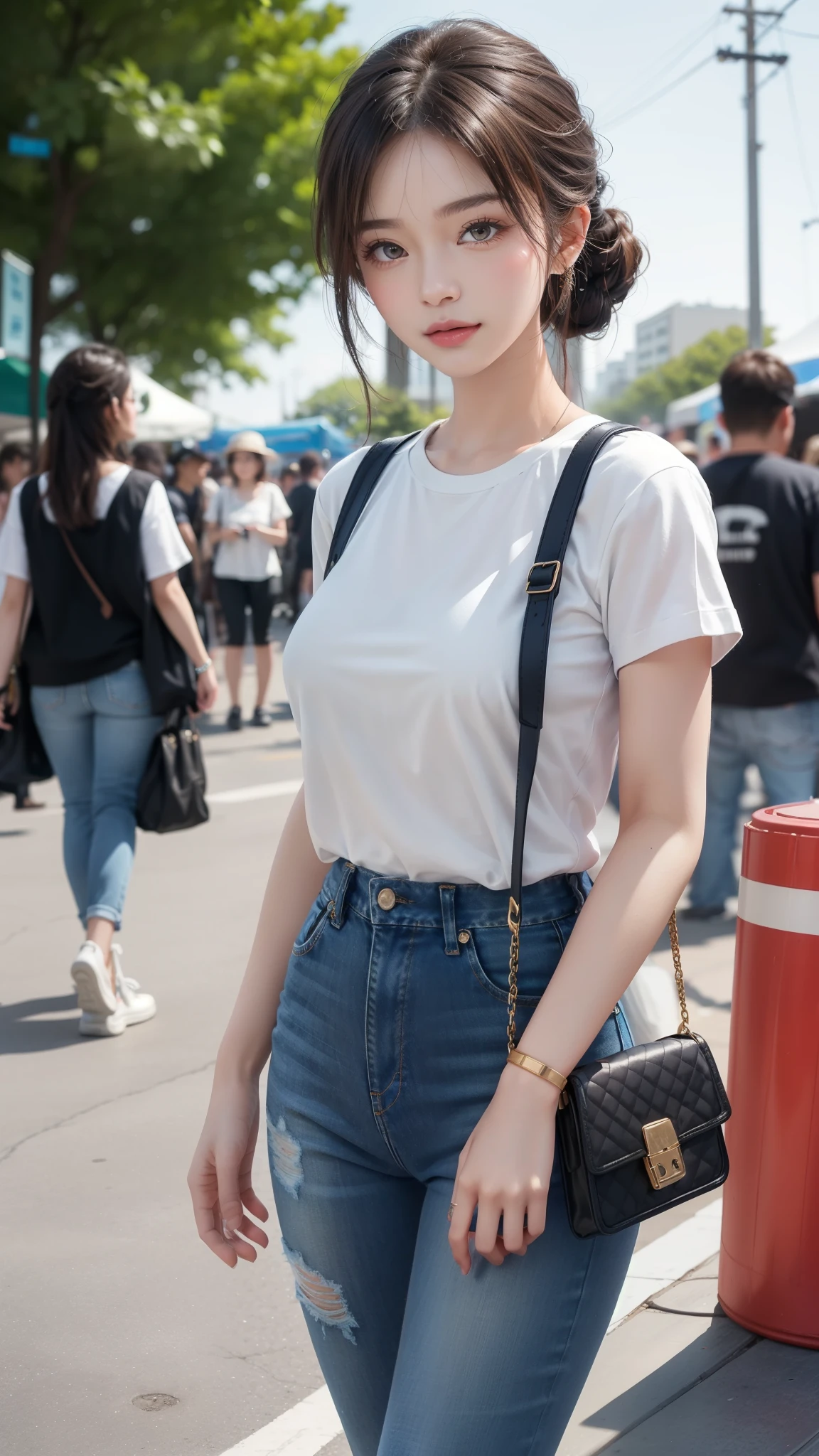 A classic white tee and distressed jeans look.、A single woman who exudes confidence and effortless style(1 Female)A masterpiece that captures the essence of(quality:1.2)。Her minimalist makeup style highlights her natural beauty..、Her messy hairstyle lends a casual charm。The scene was、Located in the vibrant surroundings of music festivals and the trendy downtown district。Wearing large jewelry.、With crossbody bag、Improved convenience。photograph、In its highest quality resolution、beautiful, Modern and easygoing encapsulation