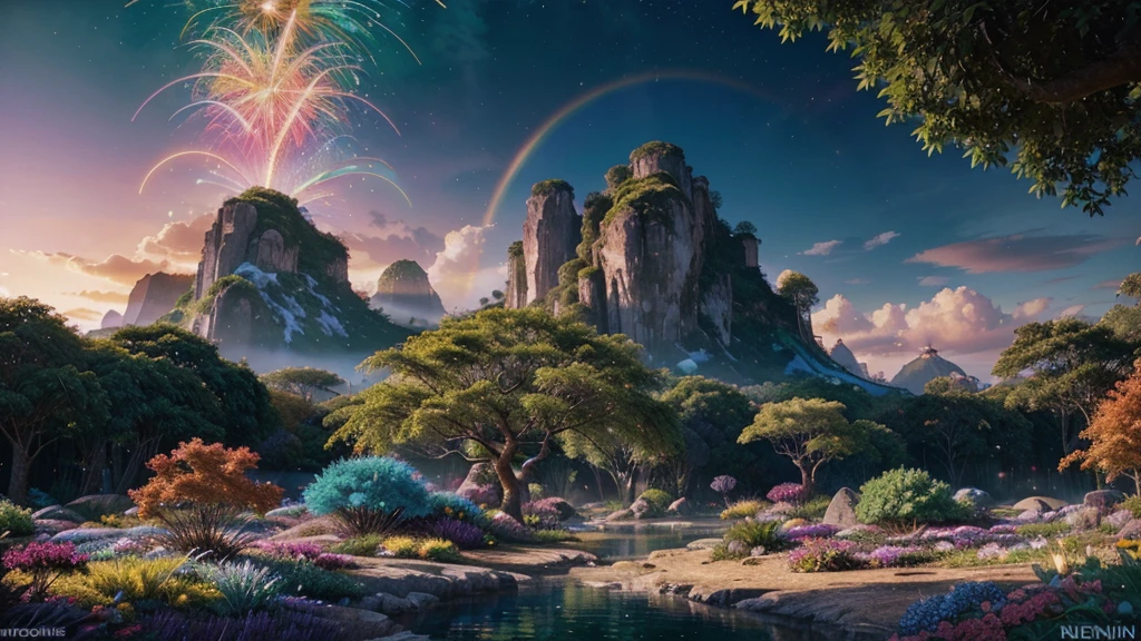 A photorealistic fantastical landscape. The background features floating islands covered in bioluminescent plants, cascading waterfalls of rainbow colors, and giant crystalline structures that refract light. Vibrant colors include deep purples, electric blues, neon pinks, and shimmering golds. The lighting is ethereal, with a soft glow emanating from the plants and crystals. Broad strokes of bright, contrasting colors sweep across the sky, reminiscent of an abstract painting - vibrant oranges, lime greens, and vivid magentas create a striking contrast against the fantastical elements. WITH DINOSAURS!
