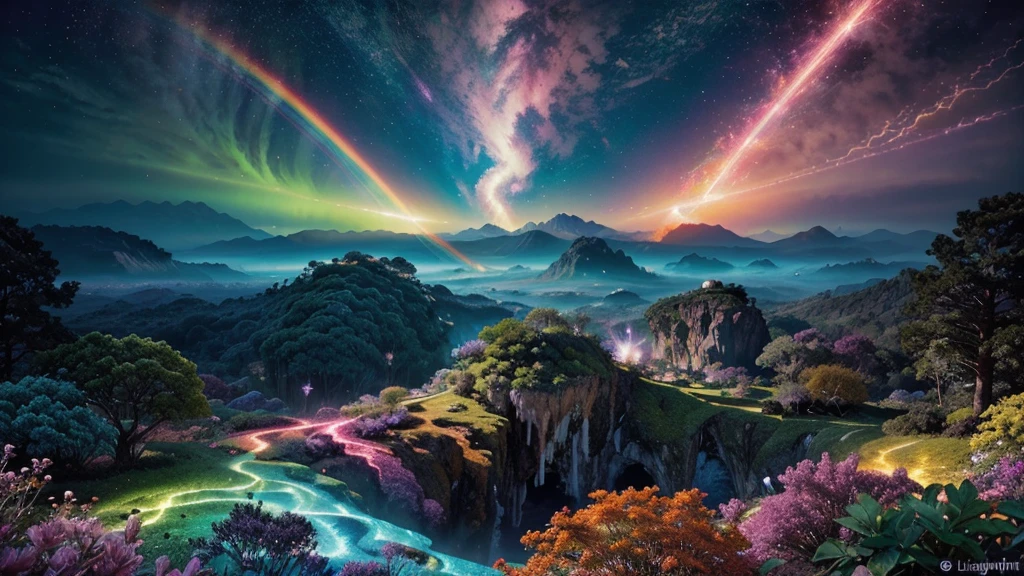 A photorealistic fantastical landscape. The background features floating islands covered in bioluminescent plants, cascading waterfalls of rainbow colors, and giant crystalline structures that refract light. Vibrant colors include deep purples, electric blues, neon pinks, and shimmering golds. The lighting is ethereal, with a soft glow emanating from the plants and crystals. Broad strokes of bright, contrasting colors sweep across the sky, reminiscent of an abstract painting - vibrant oranges, lime greens, and vivid magentas create a striking contrast against the fantastical elements. WITH DINOSAURS!