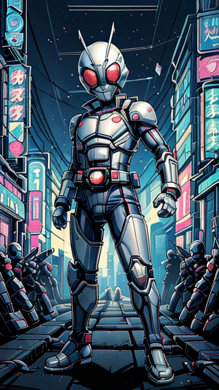 (8k),(masterpiece),(Japanese),(8-year-old boy),((innocent look)),((Childish)),From the front,smile,cute,Innocent,Kind eyes,Flat chest,grey helmet, whitle domino mask,bugs bunny,Bald,No Hair, Henshin Pose,night,dark, Neon light cyberpunk city,Kamen rider,camisa