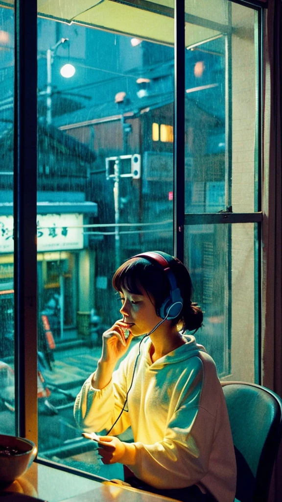 night、Girl listening to music in a cozy room, Use headphones, 2D Style Anime, Rain outside the window、Analog Color Theme、Ghibli style、neon