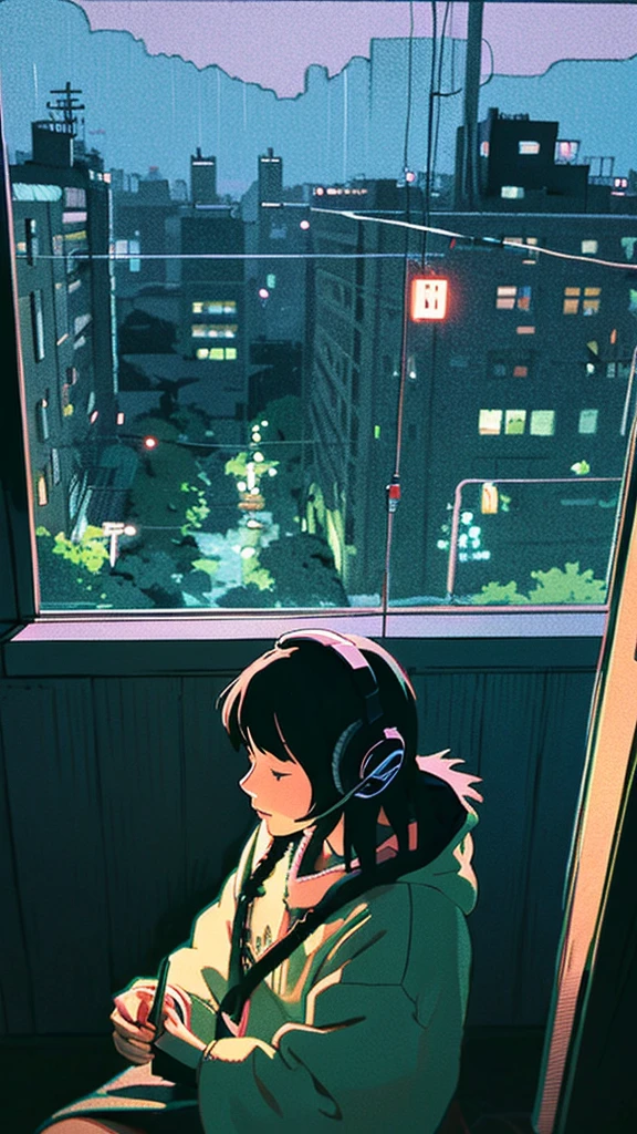 night、Girl listening to music in a cozy room, Use headphones, 2D Style Anime, Rain outside the window、Analog Color Theme、Ghibli style、neon