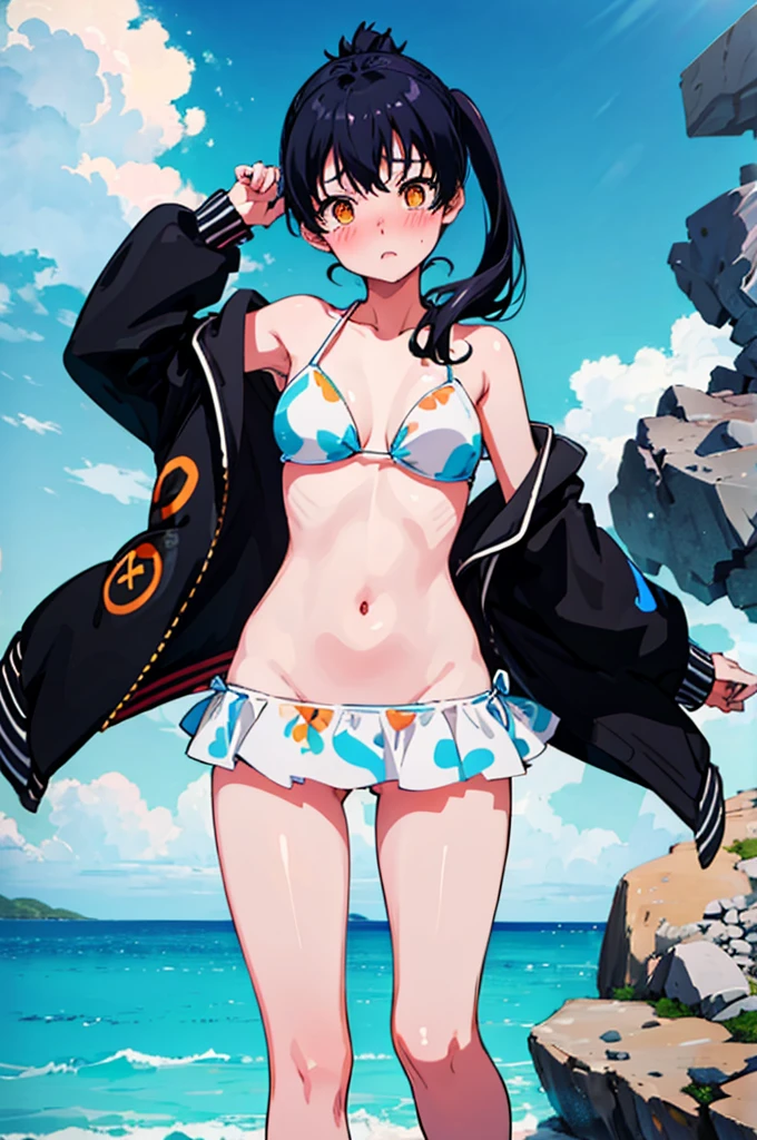 ランダムなSwimwear,,Blushing、Black Hair、ponytail、Pale orange eyes、Head to toe full body、Blushing、Embarrassed look、Composition from the front、A view from slightly below、school swimwear、Acme Face、Random pose、, 、nsfw、Highest quality、1 girl、solo、Ocean、Sandy Beach、Sexy pose、Random pose、Blushing、Wet、Embarrassed、I can see half of my 、、ワンピースSwimwear、(Strap slip:1.3)、Swimwear
