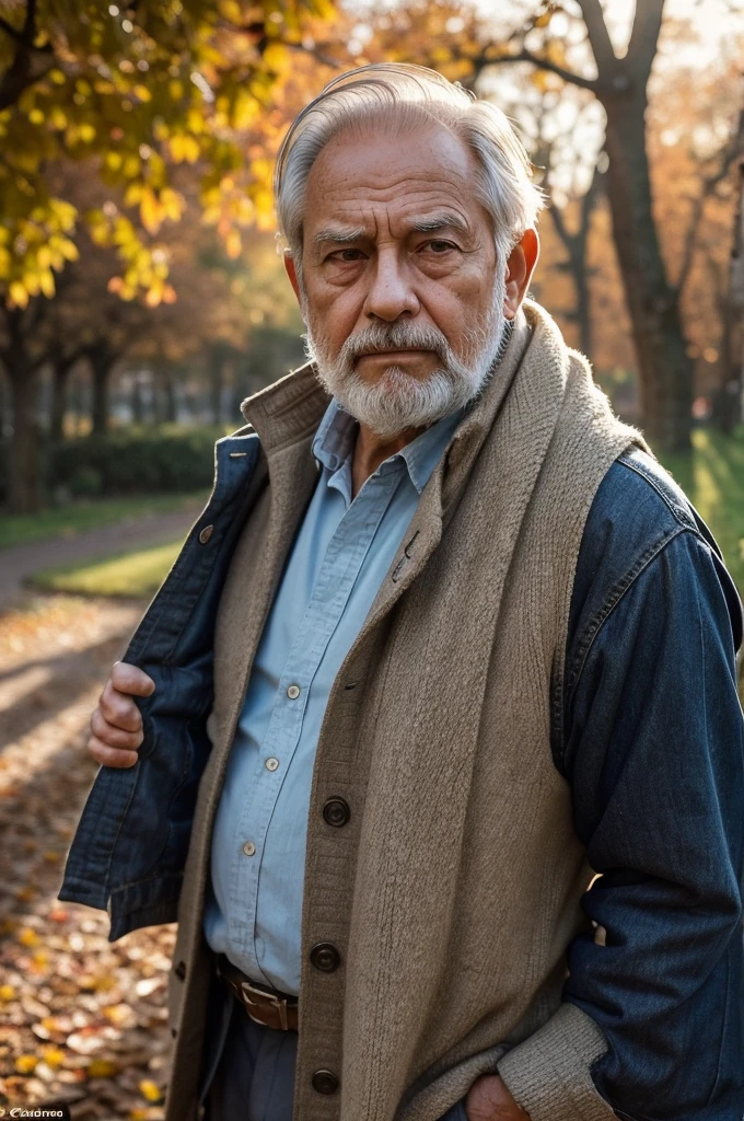Create a detailed image of an elderly man walking through a park in autumn at sunset, conveying a deep sense of sadness. His skin is thin and slightly translucent, showing a network of veins underneath, with a pale complexion and a hint of rosy blush on his cheeks. His face is marked with deep wrinkles, reflecting a life full of experiences. His eyes are slightly sunken but still sparkle with a hint of wisdom, though now clouded by sorrow. They are a faded blue, like a winter sky, surrounded by a web of fine lines that deepen when he frowns. His eyelids droop slightly, adding to his somber expression. His nose is prominent with a slight widening at the tip and visible pores. Beneath, his thin, chapped lips are downturned, revealing yellowed, worn but strong teeth when his mouth is slightly open. His cheeks are slightly hollow with pronounced cheekbones giving structure to his face. His chin is firm and square, with a slight occasional tremor indicating his advanced age. His hair, once thick and dark, is now sparse and completely white, almost silver, with strands falling softly over his forehead and behind his ears. A short, well-kept beard, also white, frames his jaw, adding a sense of dignity to his melancholic appearance. His ears are somewhat large with elongated lobes, showing signs of age with small spots and additional wrinkles. He is dressed in simple, worn clothing: a faded button-up shirt, loose trousers, and old, sturdy shoes. His posture is slightly hunched, shoulders drooping under the weight of unseen burdens. His hands, gnarled and veined, grip a wooden cane as he walks slowly through the park. The park is bathed in the golden hues of the setting sun, with long shadows stretching across the ground. Fallen leaves, in shades of red, orange, and yellow, cover the path. The trees, mostly bare, stand tall with the last of their leaves clinging to the branches. The scene captures the essence of autumn, with a chill in the air and a sense of quiet reflec