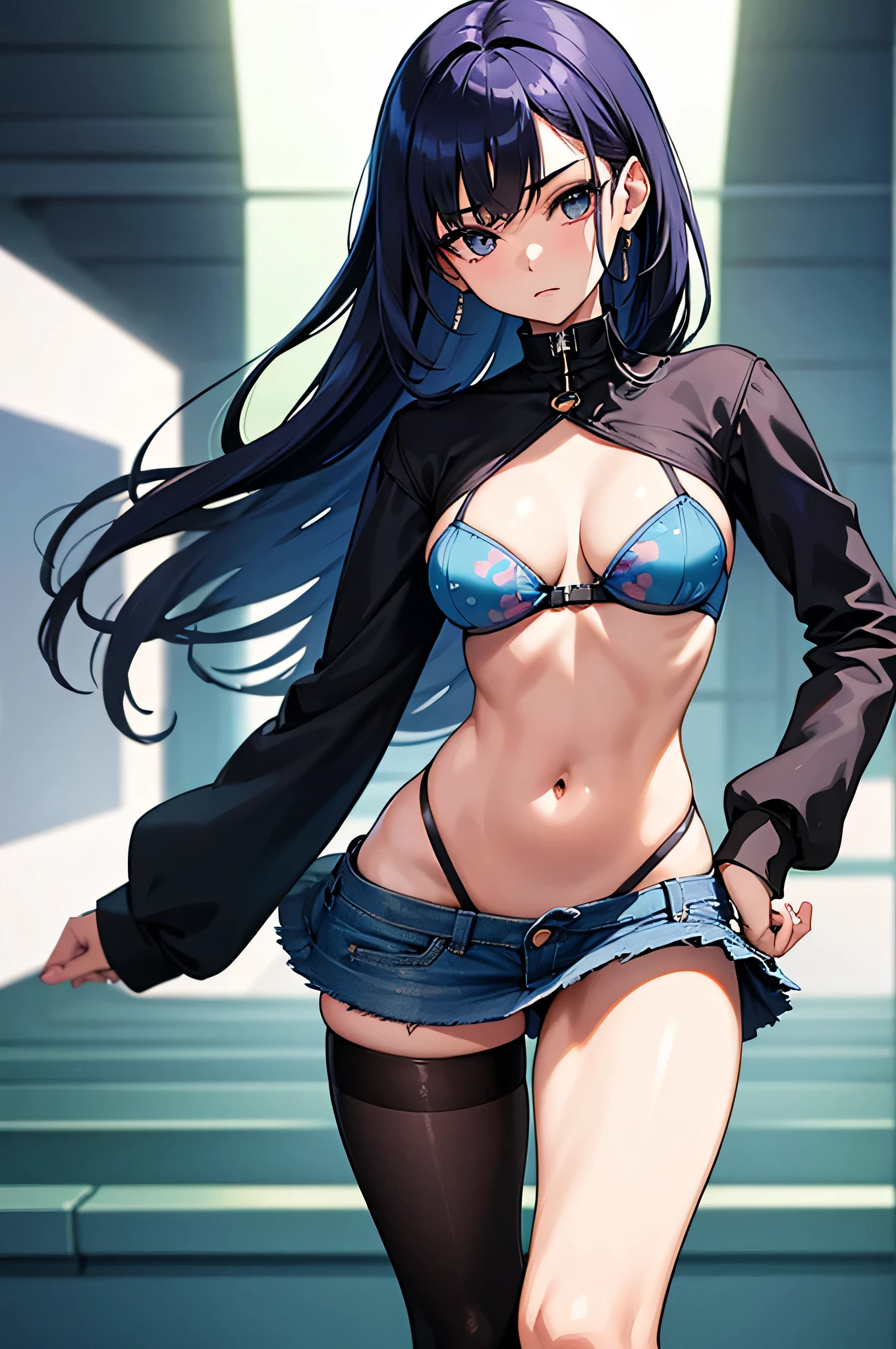 A very attractive , with facial symmetry, has a perfect and healthy female figure, a slim physical build. Her skin is clear and smooth, without imperfections, she has large and firm breasts, she is a professional seductress, she stands with her legs open. The girl is wearing a very short dress typical of the 80s, a denim microskirt characterized by vibrant colors, a blouse very low-cut with striking prints and tight shapes that emphasize the female figure, very daring clothing typical of exhibitionism, the clothing includes influences from punk, new wave and pop culture fashion in general, it is in a nightclub where individual expression is a through fashion and music, 18+, uncensored, (all realistic intricate details)