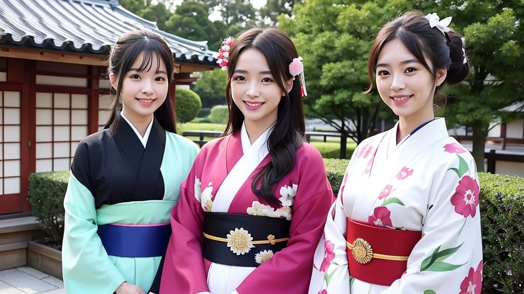 beautiful japanese a woman with shamisen , kimono, kyototwo young girls、twins、smile、