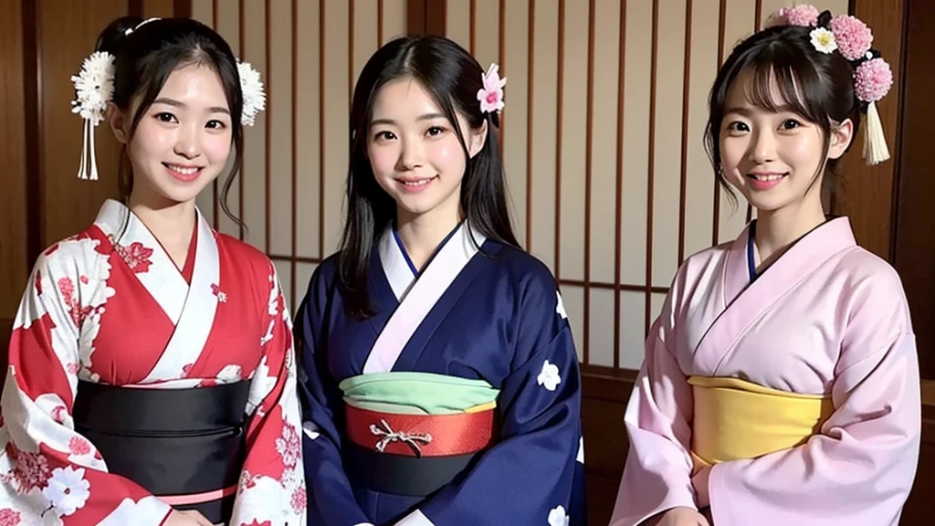 beautiful japanese a woman with shamisen , kimono, kyototwo young girls、twins、smile、