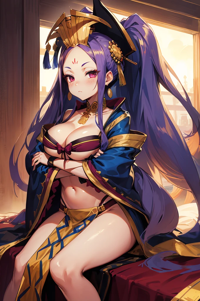 masterpiece, best quality, highres, wz1, twintails, large breasts, forehead mark, pelvic curtain, bow bra, gloves, jewelry, navel, chinese clothes, earrings, crown, wide sleeves, long sleeves, shawl, cowboy shot, crossed arms, frown, sitting,