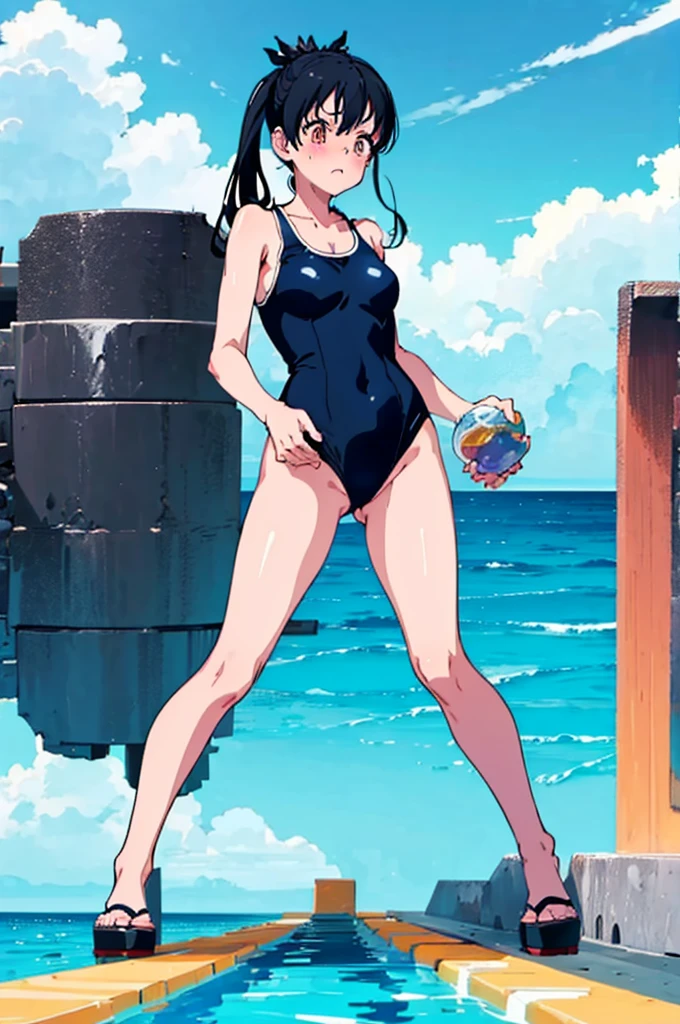 School Swimsuit,,Blushing、Black Hair、ponytail、Pale orange eyes、Head to toe full body、Blushing、Embarrassed look、Composition from the front、A view from slightly below、school swimwear、Acme Face、Random pose、, 、nsfw、Highest quality、1 girl、solo、Ocean、Sandy Beach、Sexy pose、Random pose、Blushing、Wet、Embarrassed、I can see half of my 、、One piece swimsuit、(Strap slip:1.3)、School Swimsuit
