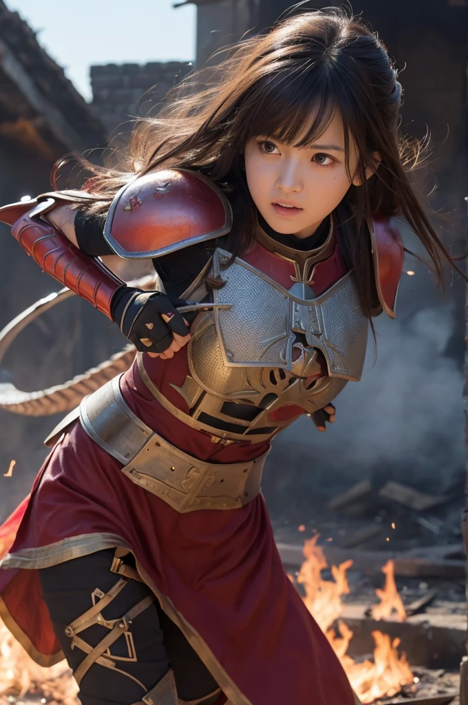 Raw photo, Very detailed, masterpiece, Highest quality, High resolution, Eye highlights, , Private Photos, night, bangs, Fluttering Hair, Outdoor, Dragon Quest、Woman warrior、Completely destroyed red armor、Injured in a fire attack、Remaining HP: 1、shieldが破壊される、Coming under attack、触手Coming under attack、Slashed with a sword、Being restrained、I&#39;Will be defeated、can&#39;Avoid attacks、Crucified、Executed、Genuine、Significant damage、shield、sword、alone、On one knee、Attacked by the flames of hell、Final blow、Armor and Armor、breastplate、腹にComing under attack、lose consciousness、self-sacrifice