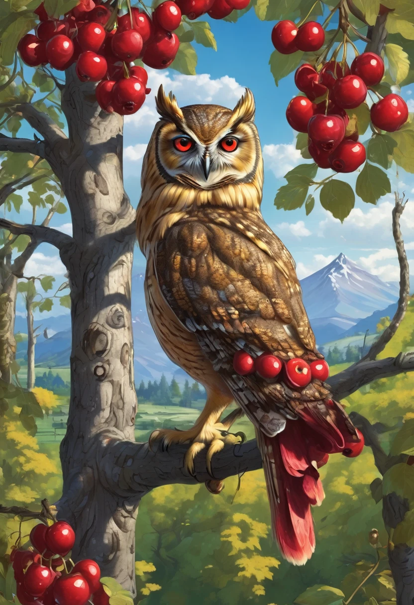 Owl with a golden key in its claws, on a tree full of red cherries