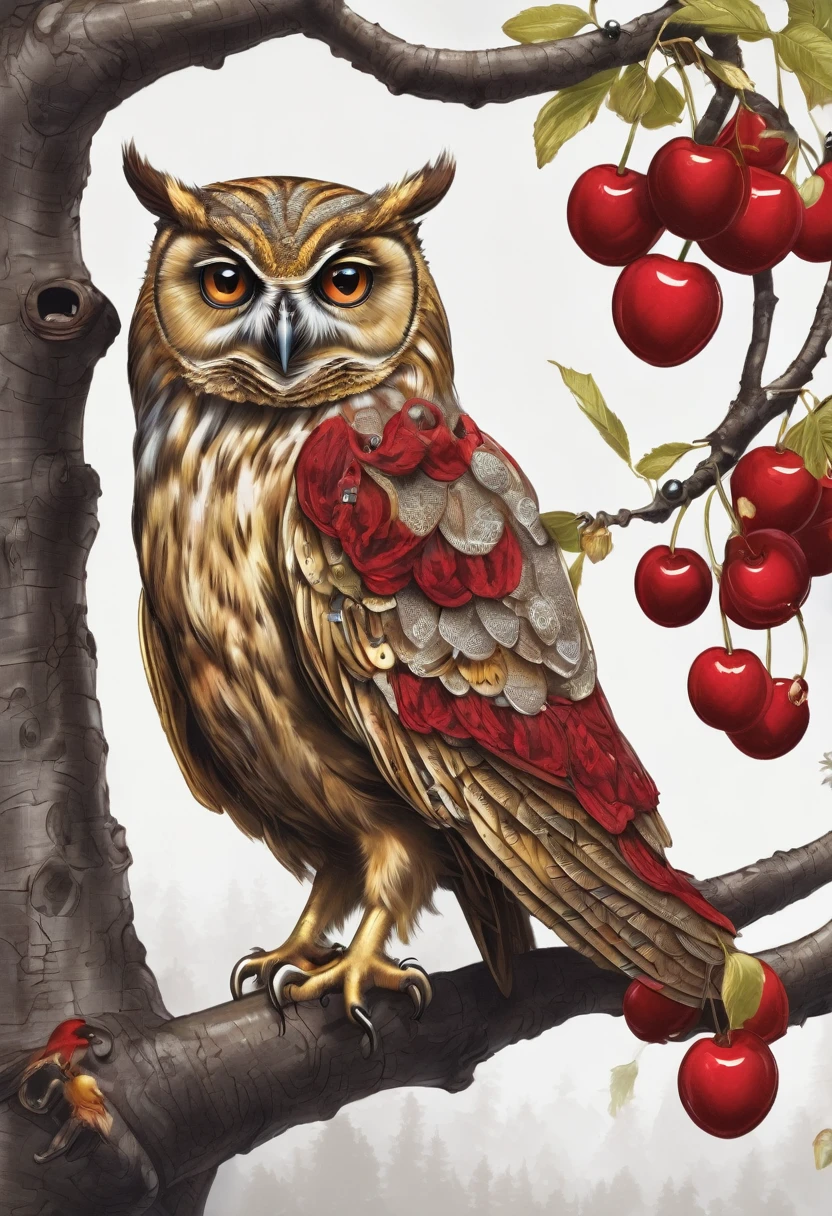 Owl with a golden key in its claws, on a tree full of red cherries