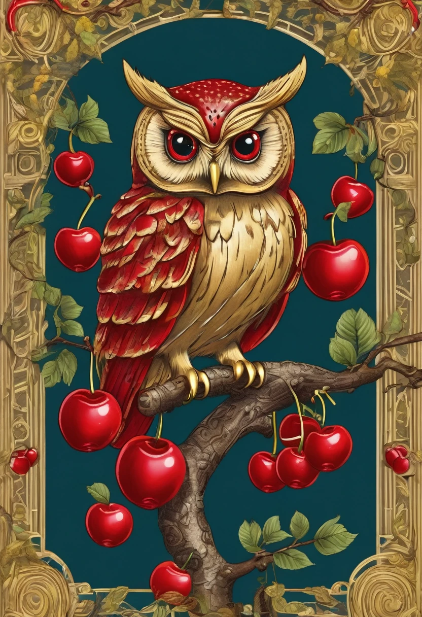 Owl with a golden key in its claws, on a tree full of red cherries