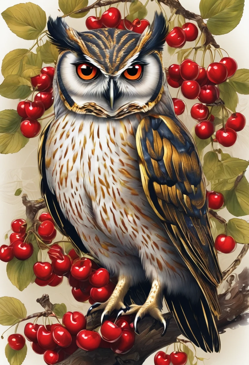 Owl with a golden key in its claws, on a tree full of red cherries