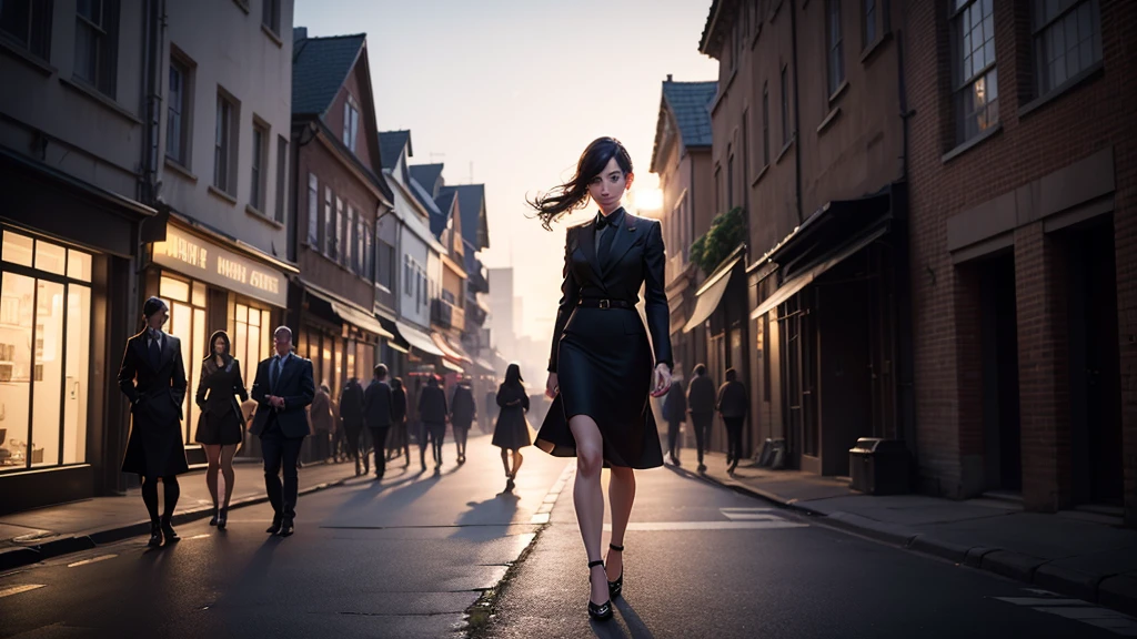 A young woman with a determined expression, dressed in modern and elegant clothes, walking through a busy city. In the background, the silhouette of an old house with shadows of family members looking enviously. The city should be illuminated with bright lights, highlighting the contrast between her dark past and her successful present.