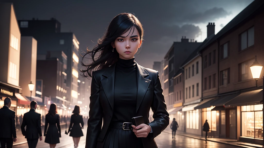 A young woman with a determined expression, dressed in modern and elegant clothes, walking through a busy city. In the background, the silhouette of an old house with shadows of family members looking enviously. The city should be illuminated with bright lights, highlighting the contrast between her dark past and her successful present.