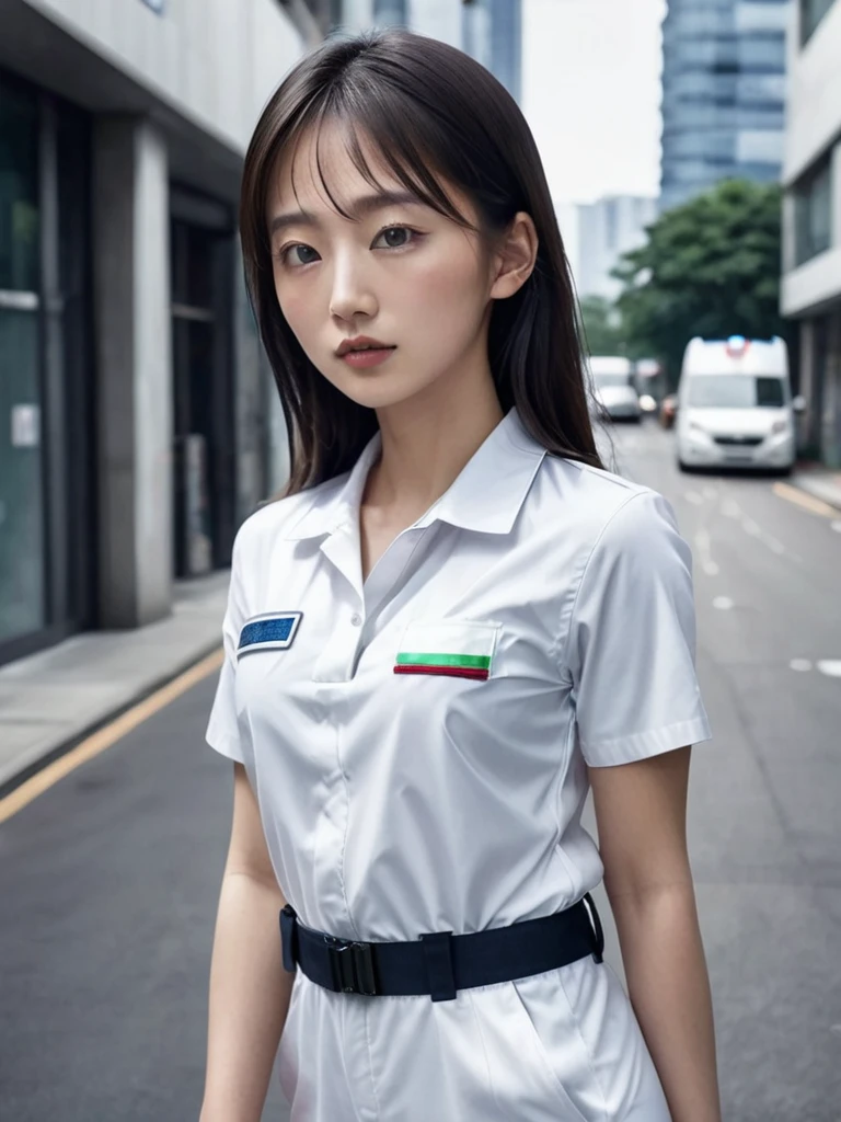 Super high quality realistic photo of young Asian beauty, first responder, wearing white short-sleeved jumpsuit with ambulance in the background.
